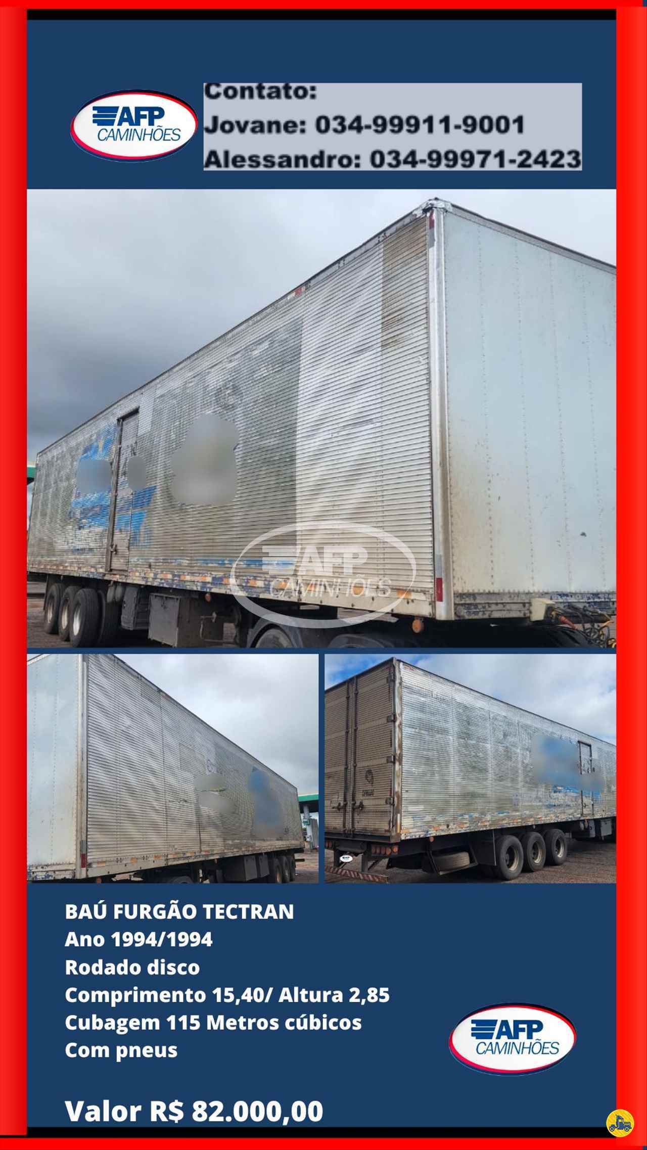 CARRETA SEMI-REBOQUE BAU FURGÃO AFP Caminhões UBERLANDIA MINAS GERAIS MG